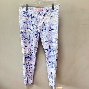Lilly Pulitzer Size 6 Blue White Palm Print Pants Cotton Blend Tropical Resort